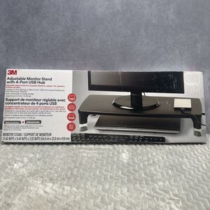 3M Adjustable Monitor Stand w/ 4-Port USB Hub, 21.6 in x 9.4 in, Black NEW